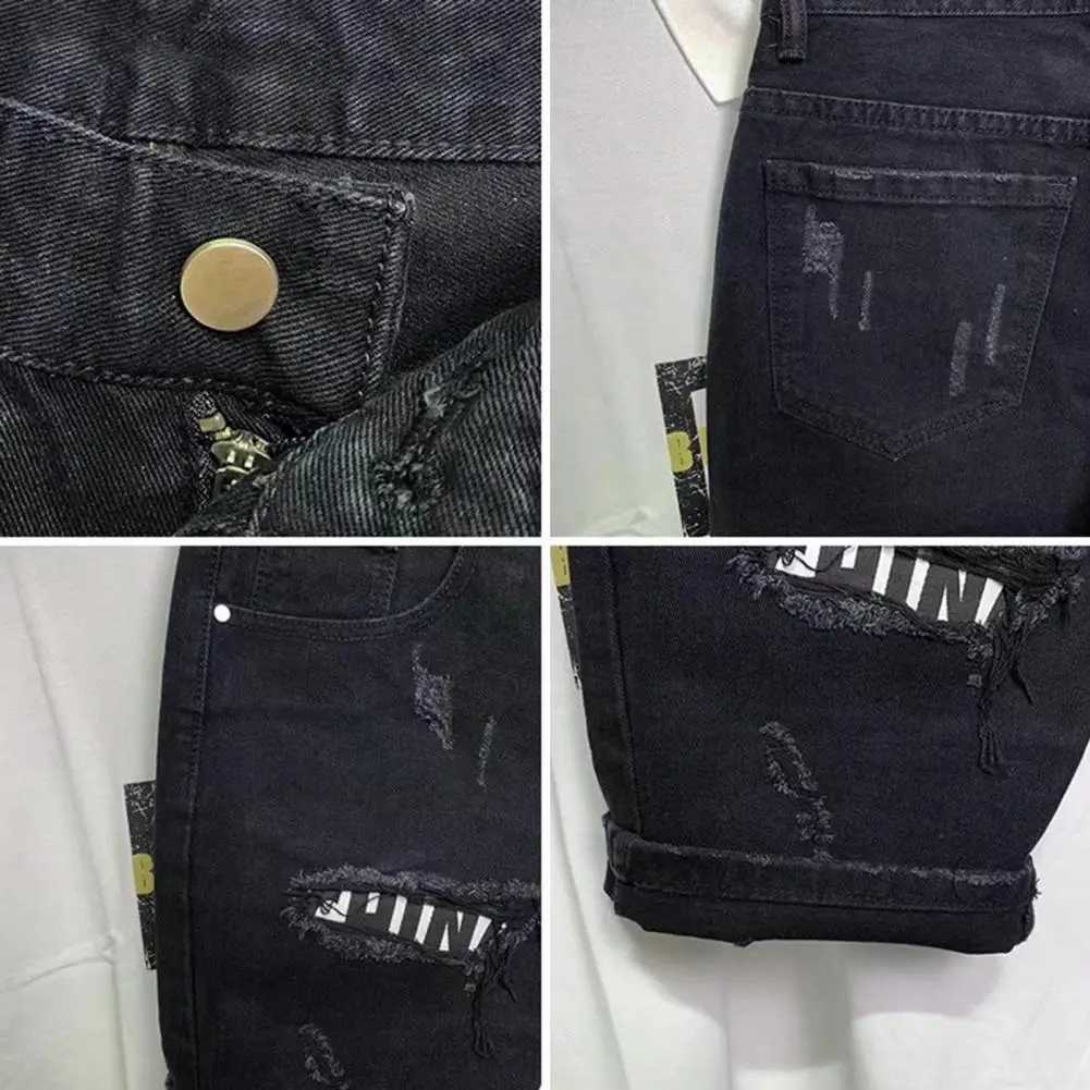 Summer mens torn patch denim shorts with straight button zipper pockets short sleeves long sleeves denim shorts W250319