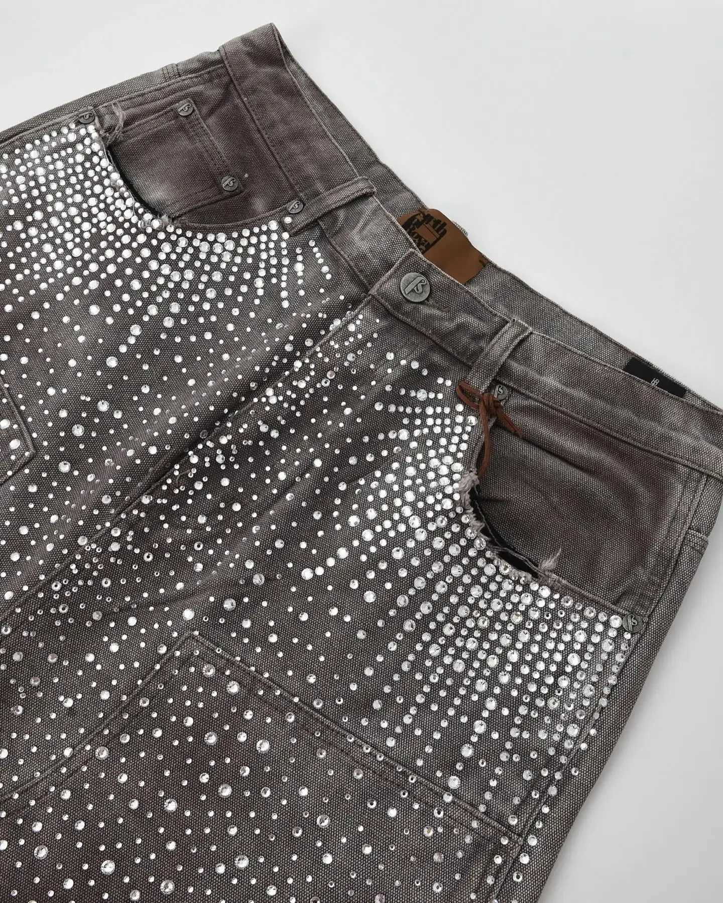 Y2k Retro Washed Brown Gothic Denim Shorts Fashion Klein Diamond All Embroidery Men Women Clothing Jorts Baggy Streetwear Shorts W250116