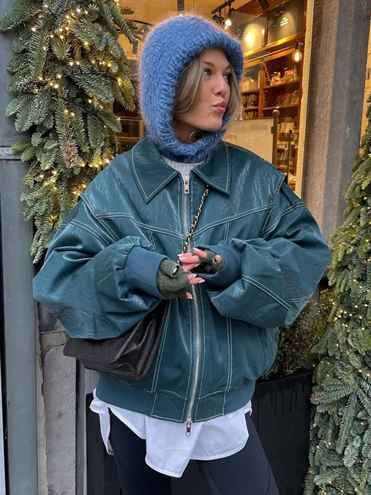 Vintage Zipper Leather Womens Jacket Loose Lapel Long Sleeve Oversize Female Motorcycle Coat 2024 Autumn Winter Lady Outerwears 250107
