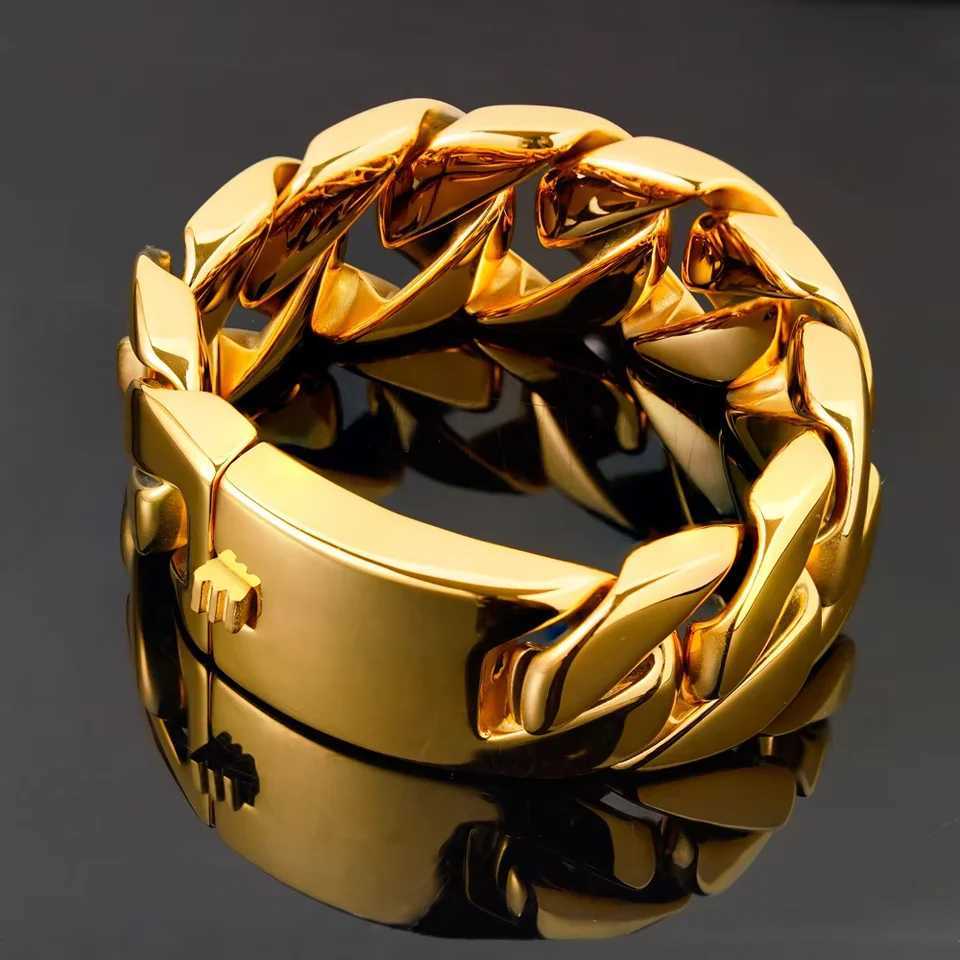 Hip hop 32mm wide 304 stainless steel bracelet trendy charm mens bracelet electroplated gold color Miami Cuban chain W250116