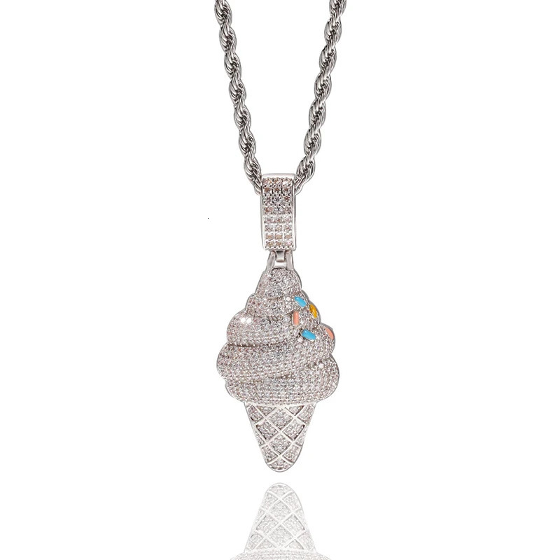 Hip Hop Cubic Zirconia Bling Iced Out Silver Color Ice Cream Pendants Necklace for Men Women Fashion Jewelry Drop 250116