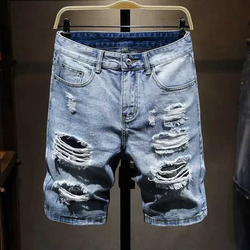 Male Denim Shorts Ripped Straight With Pockets Xl Mens Short Jeans Pants Thin Cut Trend 2024 Blue Y2k Fashion Youthful EmoXJ250117