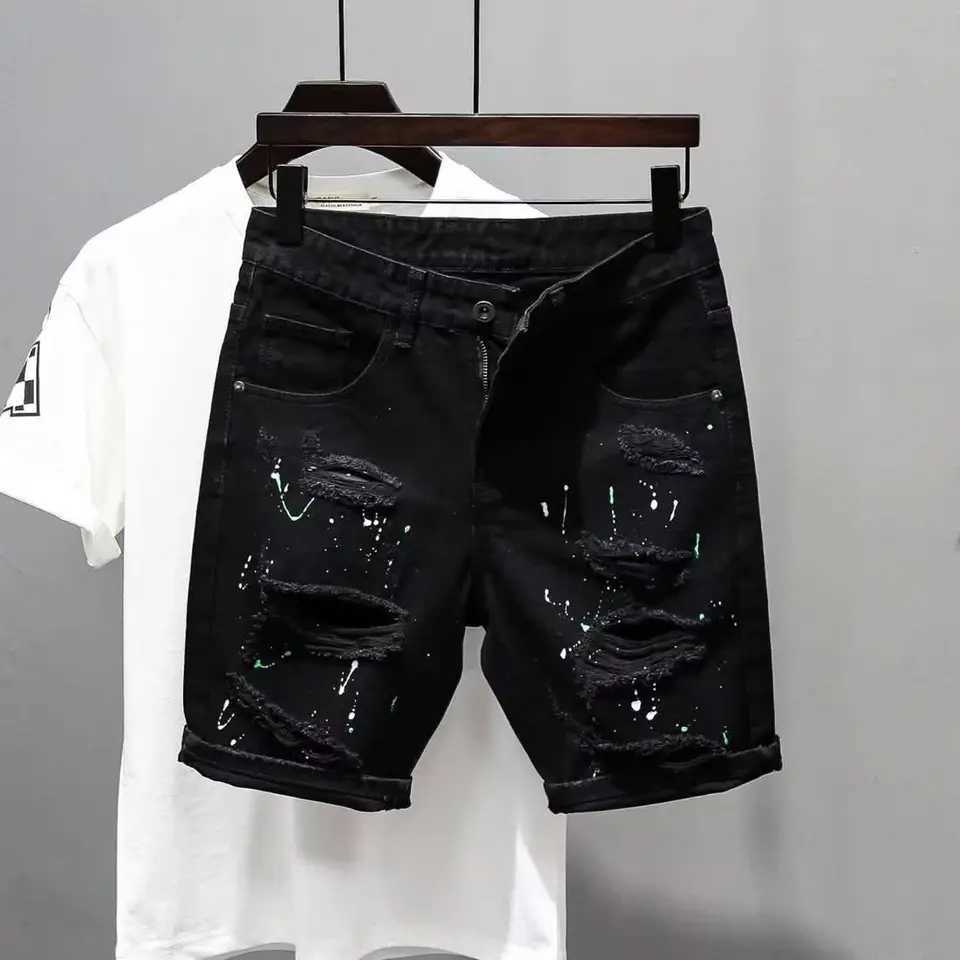 Summer casual mens denim shorts Korean straight wash jeans shorts torn cat whiskers ink splatter plain black five pants W250319