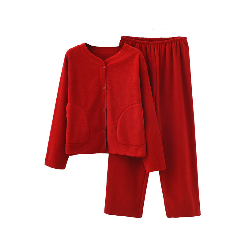 B663-Winter Thick Warm Fleece Home Clothes Double-sided Fleece Warm Women's Winter Polar Fleece Pajamas Set Round Neck Cardigan