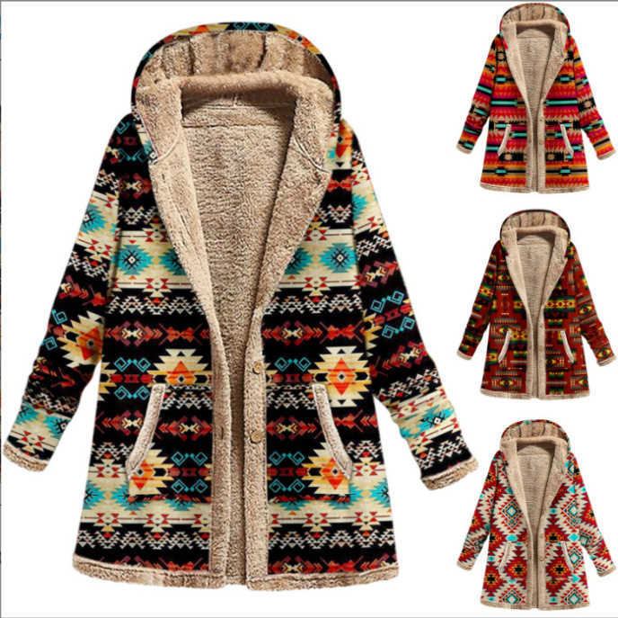 Winter New Womens Cotton Linen Printed Hoodie Warm Plush Coat Women Jackets Coat Woman Fur Coats For Ladies Clothing 241209