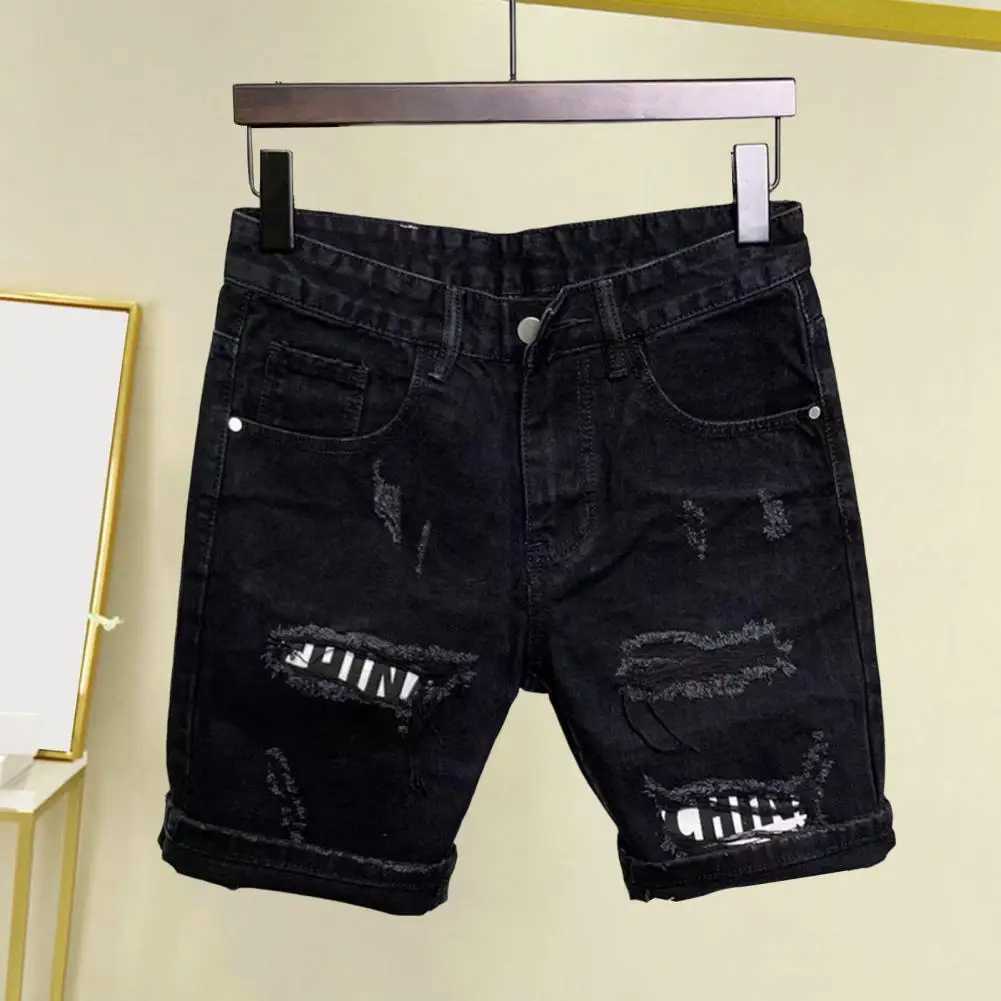 Summer mens torn patch denim shorts with straight button zipper pockets short sleeves long sleeves denim shorts W250319