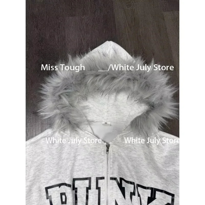 Vintage Y2k Aesthetic Grunge Letter Print Zippers Hoodies Women Coat Casual Gray Femme Korean Fur Patchwork Hooded Sweatshirts 250109