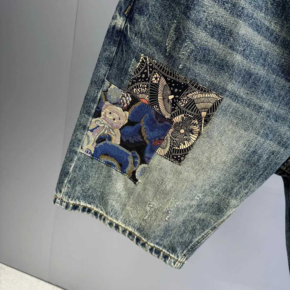 Mens Denim Shorts Y2K Retro Splicing Pattern Chic Patch Trendy Distressed Shorts Youth Vitality Classic Casual Summer Short 2024XJ250117