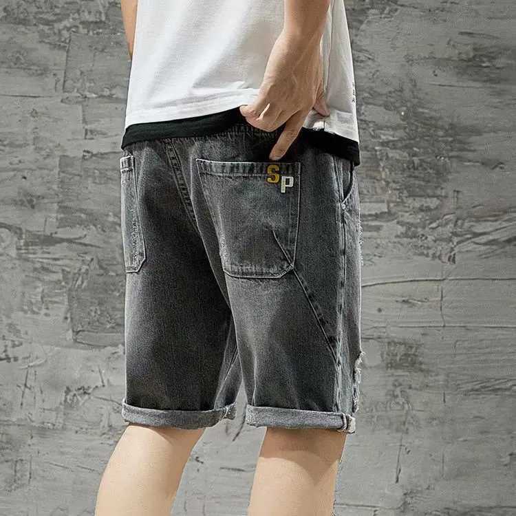 2024 Mens Summer Five-point Denim Shorts Fashion Hole Elastic Waist Loose Y2k Jeans ShortsXJ250117