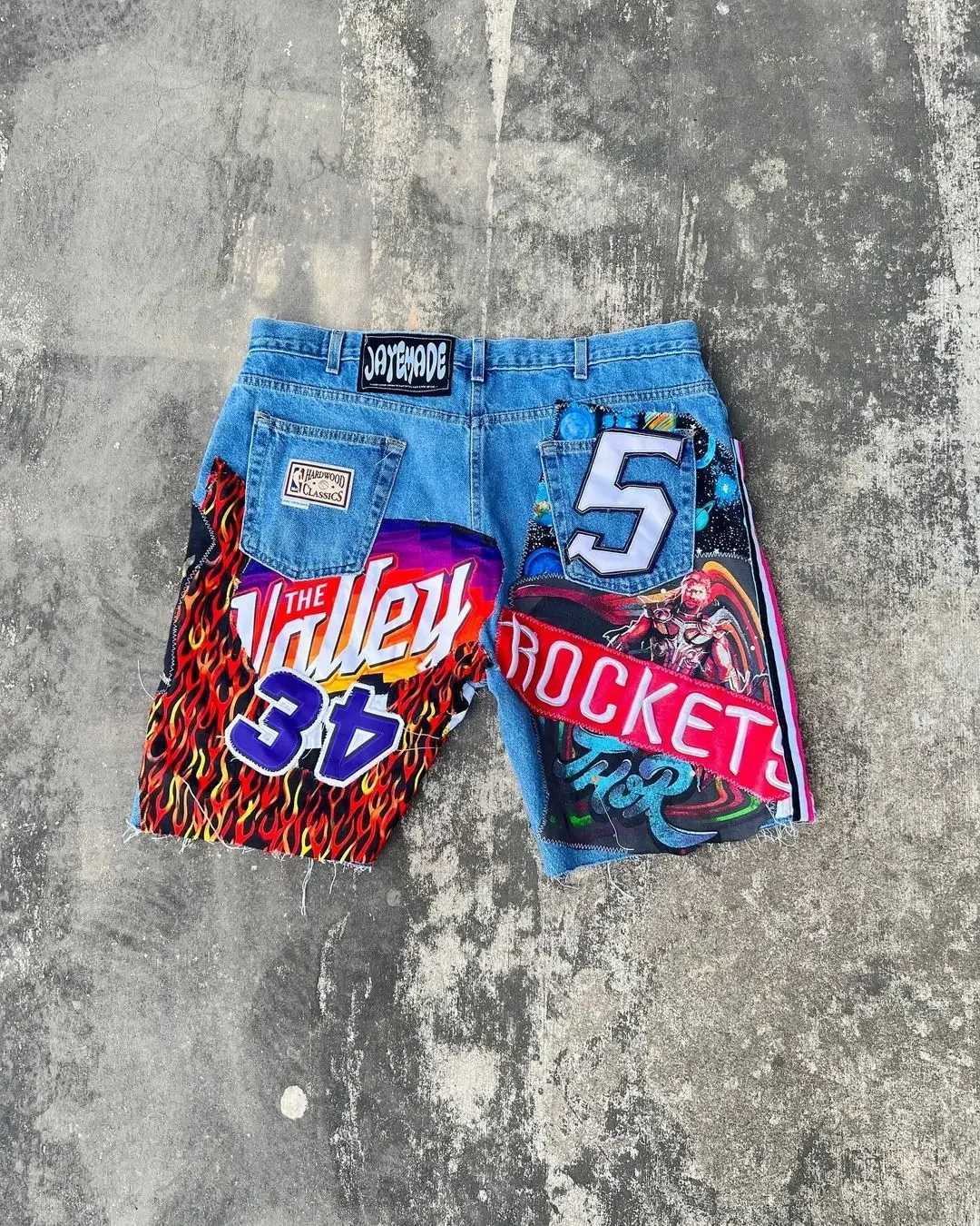 Street wear shorts Y2K mens jeans Harajuku hip-hop graphic retro blue pocket denim gym shorts casual shorts W250215