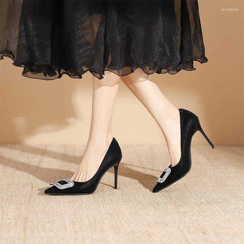 Dress Shoes Diamond High Heels Black Velvet Spring Socialite Temperament Pointy Shallow Commuter Square Buckle