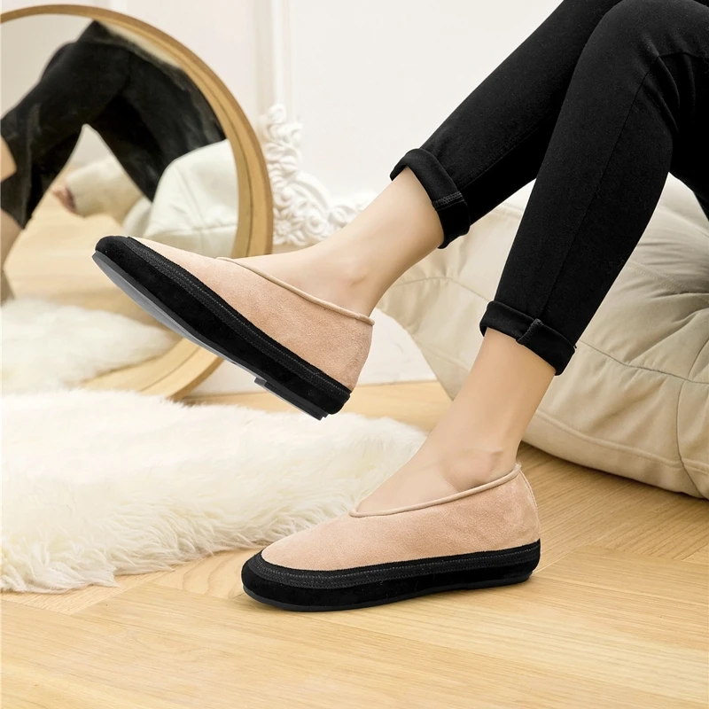 AIYUQI Winter Flat Shoes Women Wool Lining Warm Women Snow Shoes Genuine Leather Comfortable Female Winter Ballet Shoes
