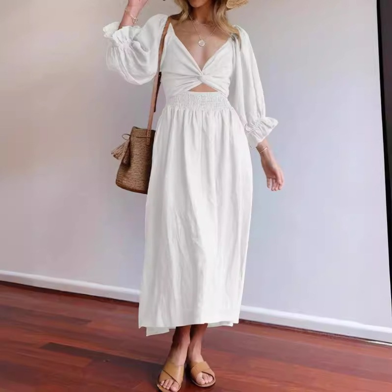 (199) New European and American Spring and Autumn Elegant V-neck Mid-Sleeve Dress