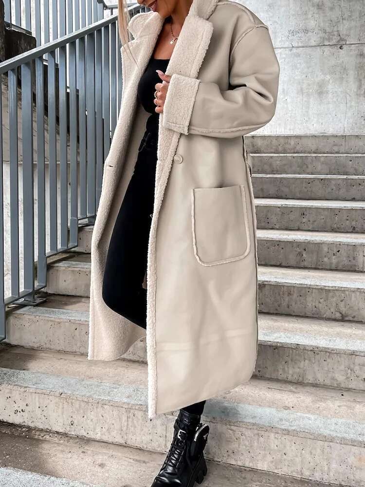 hoodie Women Single Button Long Trench Female Casual Patchwork Big Pockets Outerwear Autumn Winter Loose Solid Thick Overcoat jacket