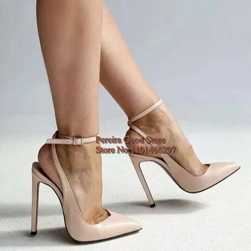 Ankle Strap Pointed Toe Women Sgback Pumps Black Matte Leather Hollow Stiletto High Heels Sandals 12CM Size 46