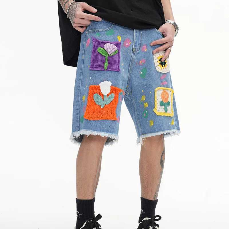 Harajuku Vintage Knitted floral Pattern Denim Shorts Mens Oversized Straight Cut Jeans Casual Loose Shorts College Pants Y2KXJ250117