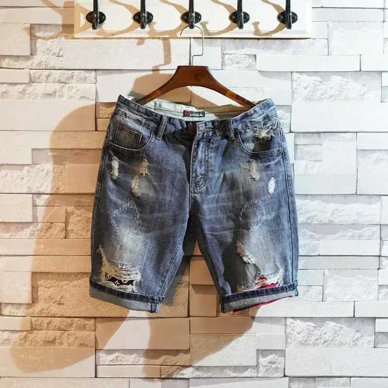 Man Denim Shorts Straight With Pockets Ripped Short Jeans Pants For Men Streetwear New In Y2k Fashion Popular Xl VintageXJ250117