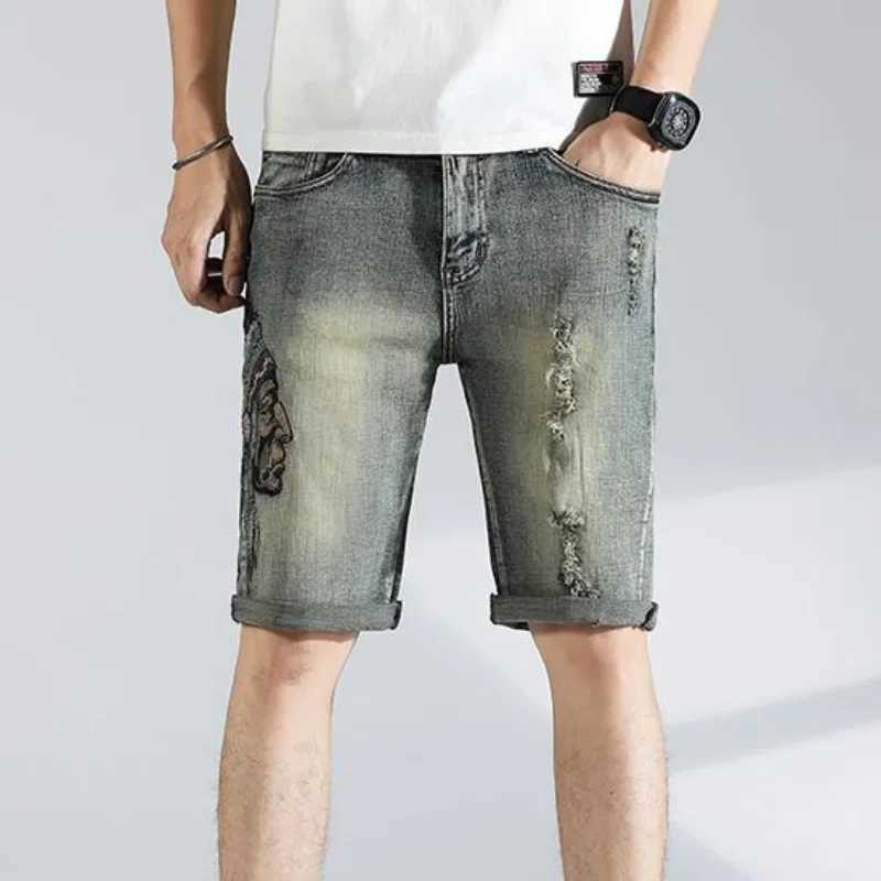Man Denim Shorts Graphic Short Jeans Pants for Men Straight Retro Blue Ripped Buttons Cut Summer Y2k Baggy Jorts New in OriginalXJ250117