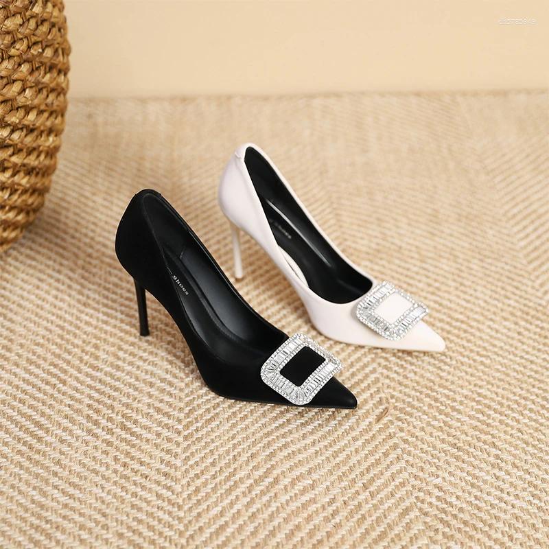 Dress Shoes Diamond High Heels Black Velvet Spring Socialite Temperament Pointy Shallow Commuter Square Buckle