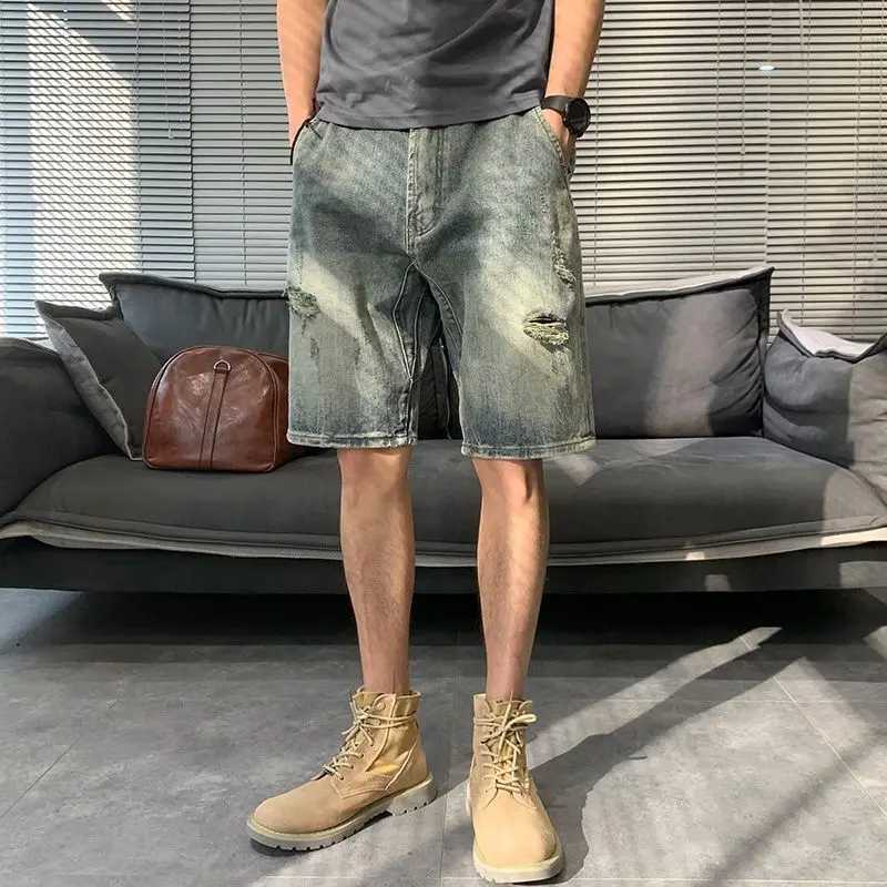 Male Denim Shorts Long Half Bermuda Mens Short Jeans Pants Straight Korean Fashion Designer Original Cowboy Blue Y2k Sale XlXJ250117