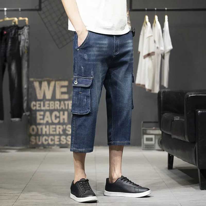 Mens Short Jeans Pants Half with Pockets Male Denim Shorts Knee Length Long Cargo Korean Fashion Hip Hop Vintage Y2k Summer XlXJ250117
