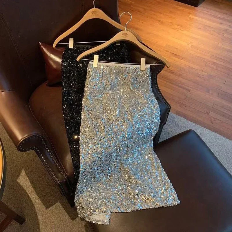 Sequin Decorate Women Midi Skirts High Waist Korean Office Lady Rear Slit A Line Y2K Elegant Hepburn Style Party 250108