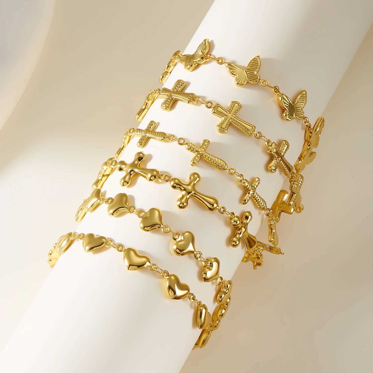 Stainl Steel Butterfly Heart Cross Charm Bracelet For Women Europe and America Fashion Gold Color Chain Bangles Jewelry GiftsXJ250117