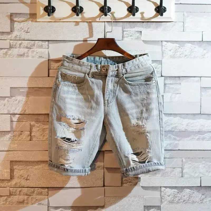 Man Denim Shorts Straight With Pockets Ripped Short Jeans Pants For Men Streetwear New In Y2k Fashion Popular Xl VintageXJ250117