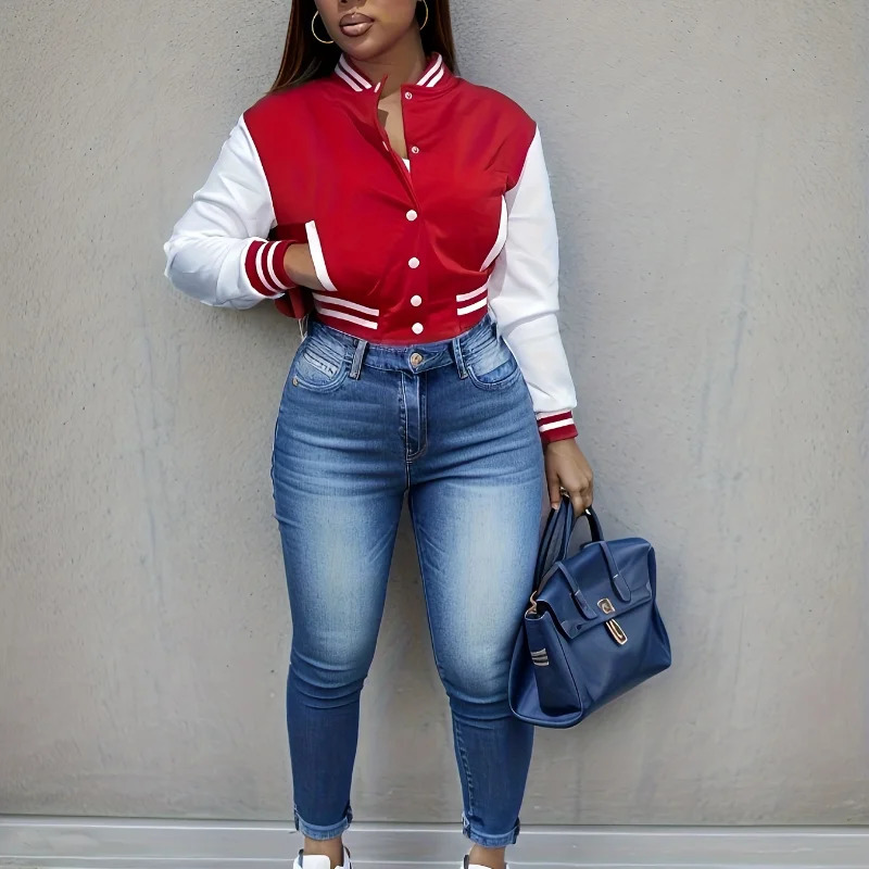 Spring and Autumn European and N Womens Color Matching Jacket Single-breasted Lettered Baseball Jacket 250116