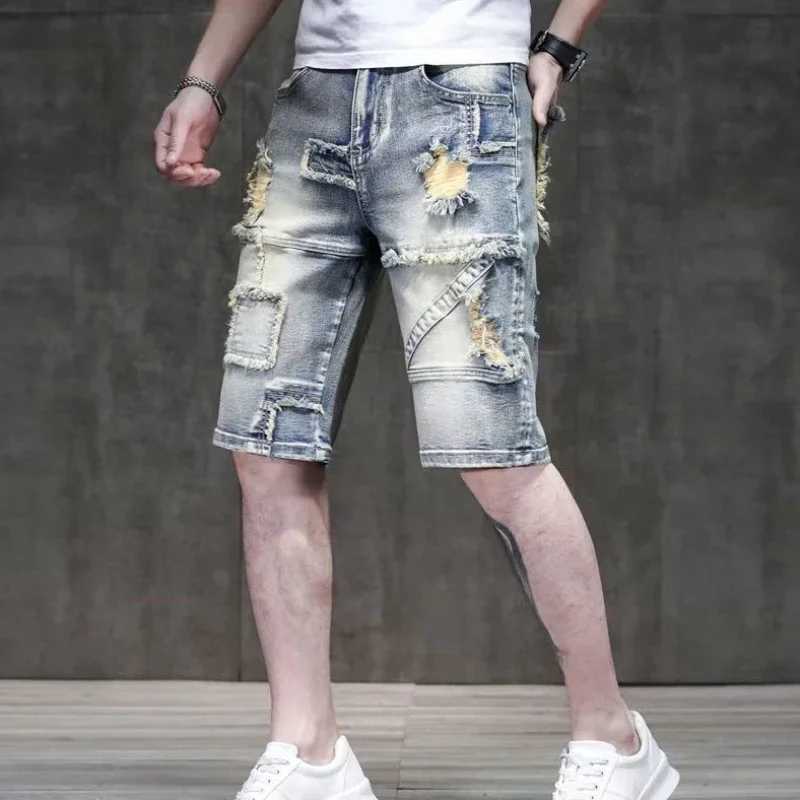 Man Denim Shorts Ripped Patchwork Short Jeans Pants for Men with Comfortable Emo Trend 2024 Vintage Jorts Buttons Y2k FashionXJ250117