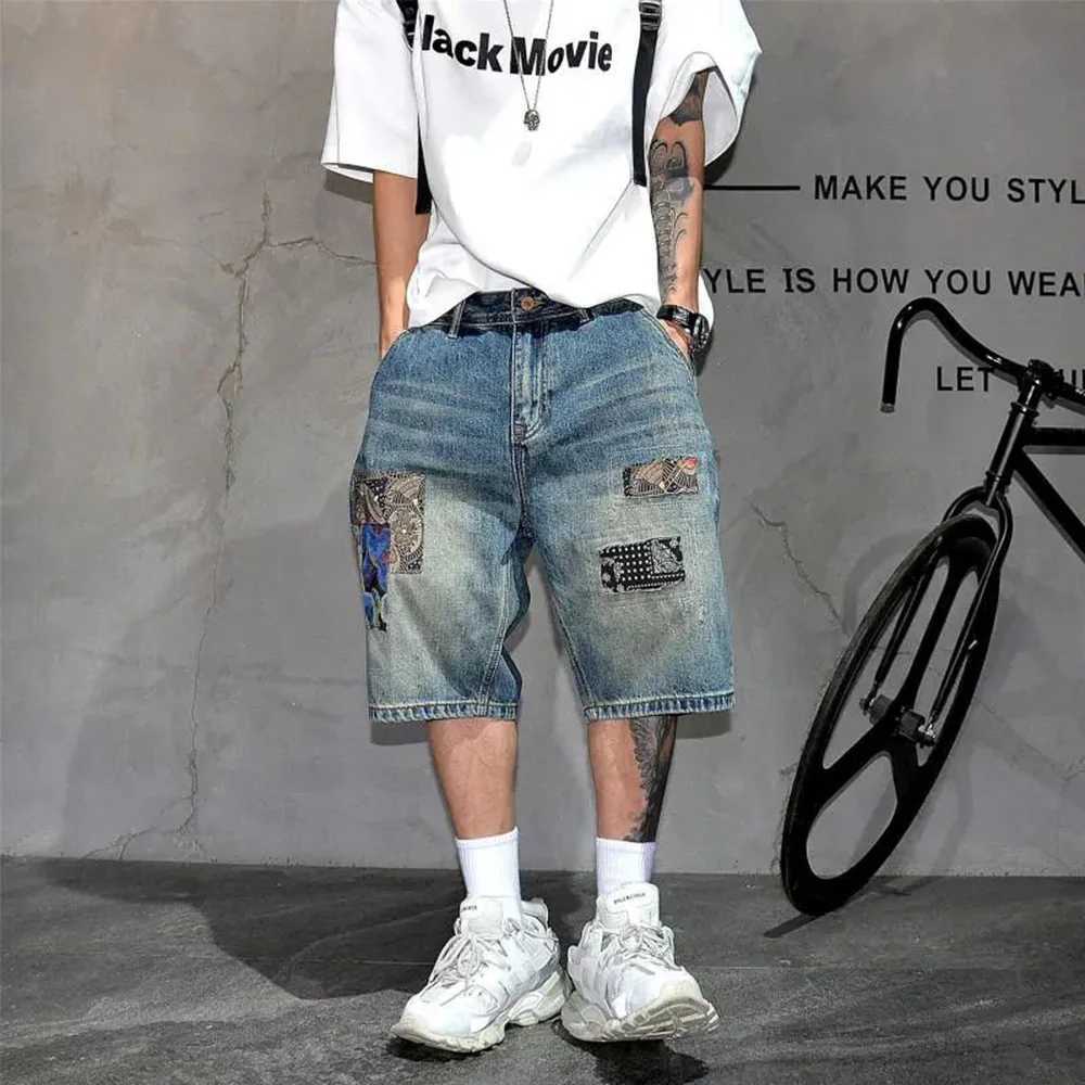 Mens Denim Shorts Y2K Retro Splicing Pattern Chic Patch Trendy Distressed Shorts Youth Vitality Classic Casual Summer Short 2024XJ250117