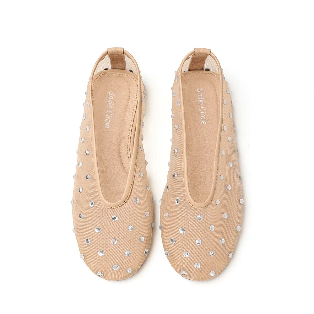 Smile Circle Marcy Wmbellished Mesh Ballet Transparent Crystal Flats Round Toe Genuine leather Women sandals ddmykukumalu