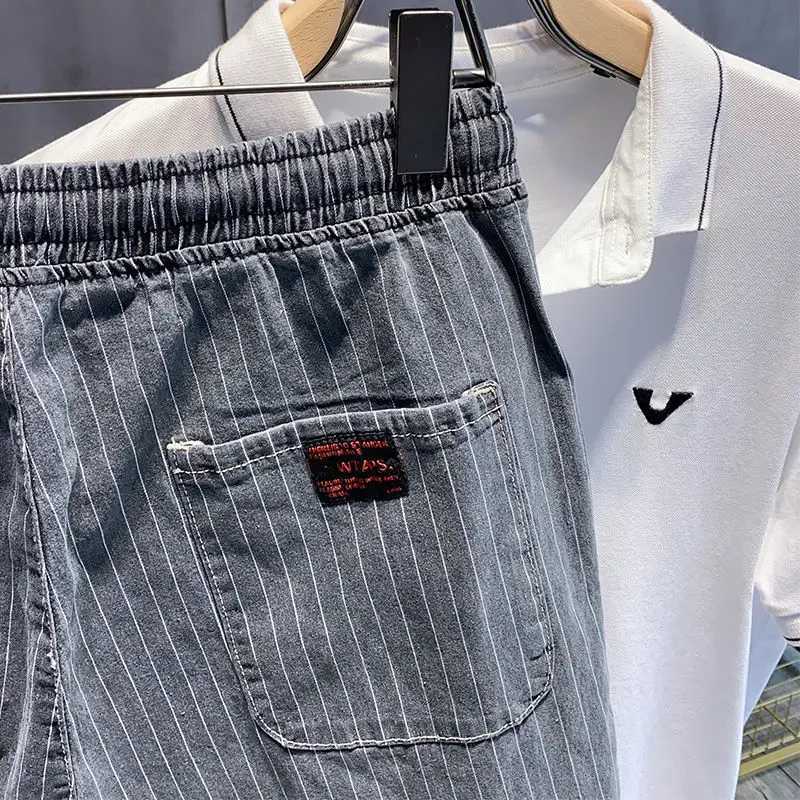 Male Denim Shorts Drawstring Striped With Pockets Mens Short Jeans Pants Gray Designer Vintage Blue Y2k Fashion Korean XlXJ250117