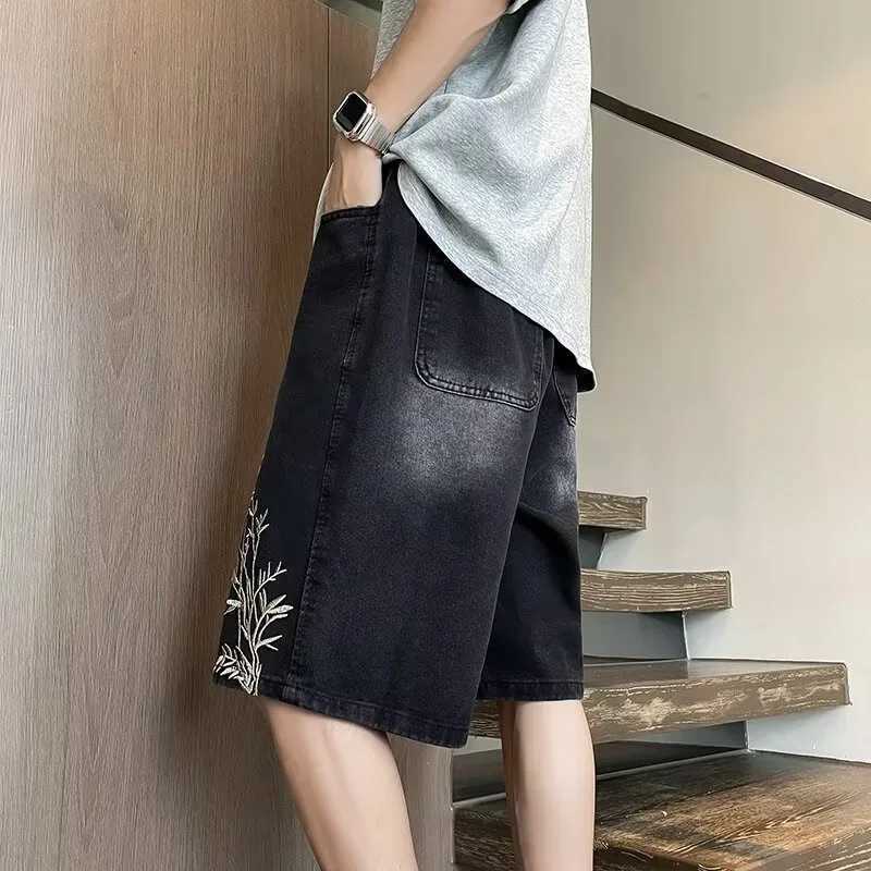 Summer Y2K Baggy Denim Shorts Men New Bamboo Embroidered Short Jeans Pants Vintage Harajuku Hip Hop Streetwear Wide Leg BermudaXJ250117
