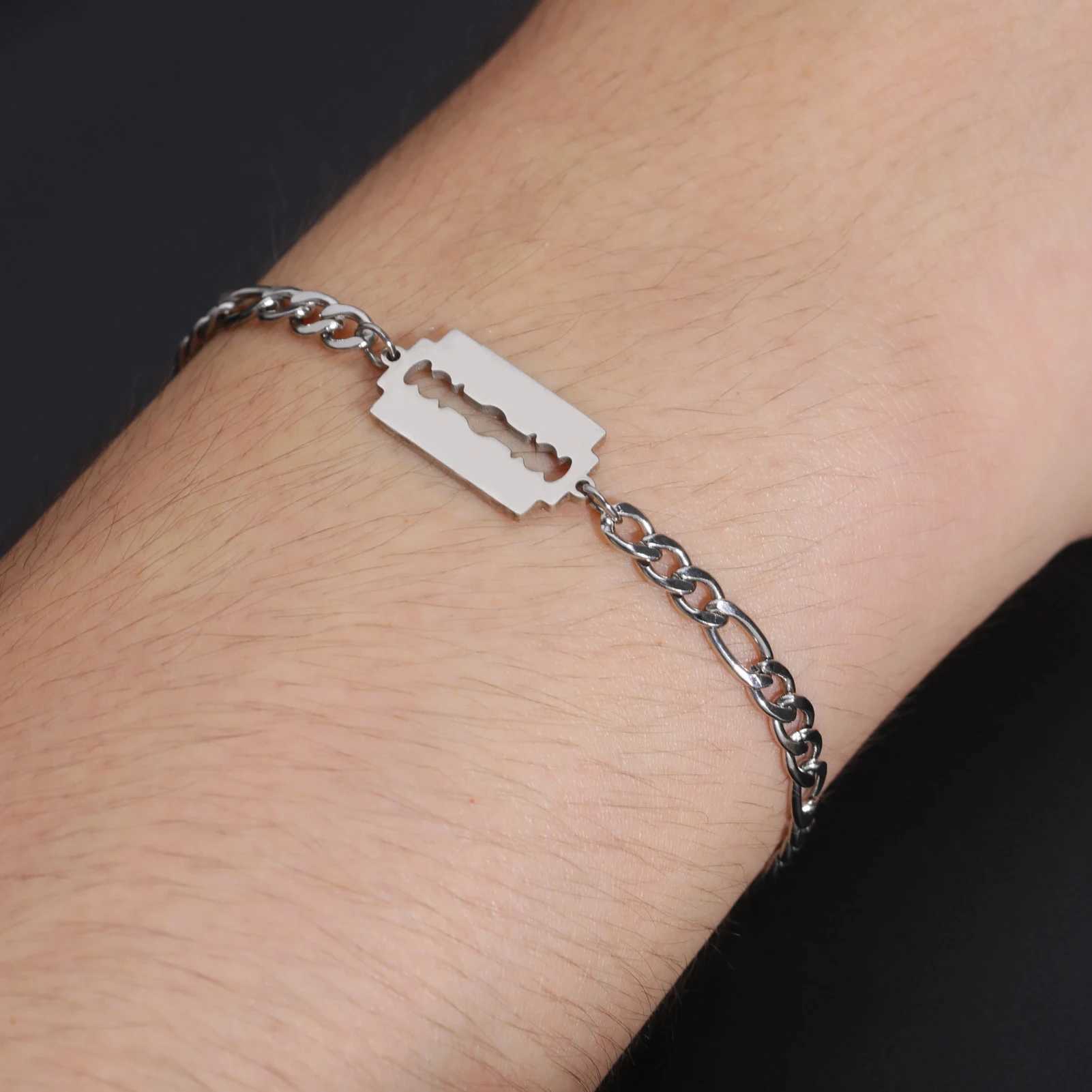 My Shape Punk Razor Blade Stainless Steel Bracelets For Men Women Shaving Blade Bracelet Bangle Figaro Chain Fashion Jewelry W250116