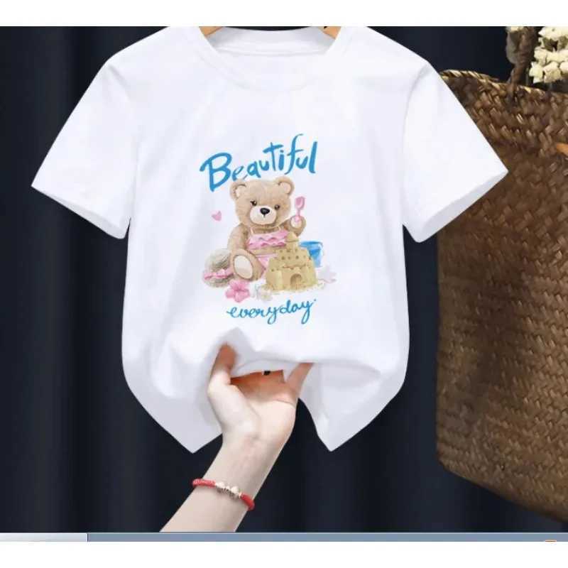 Funny Bear Print Childrens T-shirt Summer Short Sleeve Kids Shirt Cartoon Harajuku Shirt Girl Boy T Shirt Tops Teddy Bear M250116