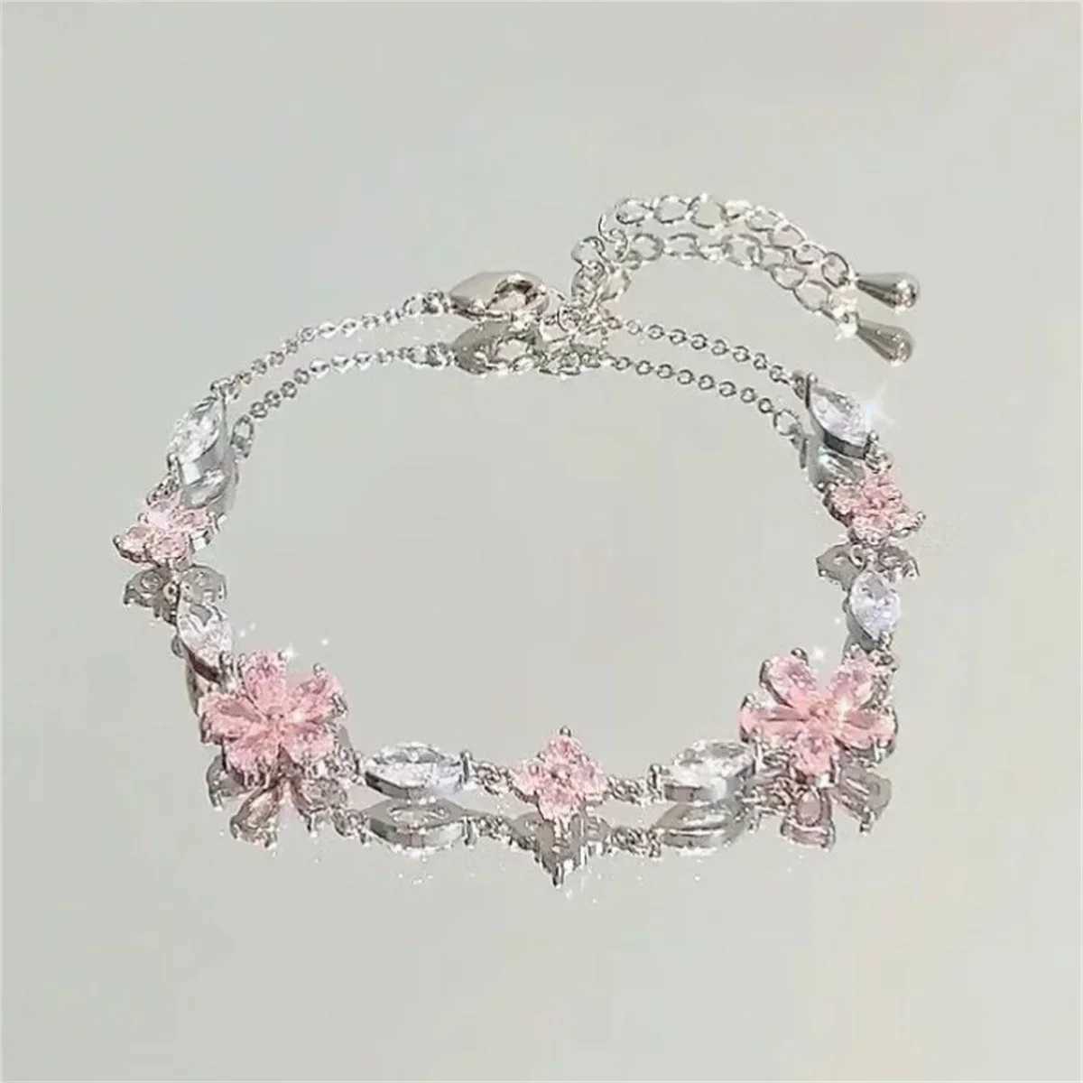 Korean Elegant Cherry Blossom Bow Zircon Bracelet for Women Y2K Sweet Girls Crystal Flowers Bracelets Wedding Party Jewelry GiftXJ250117
