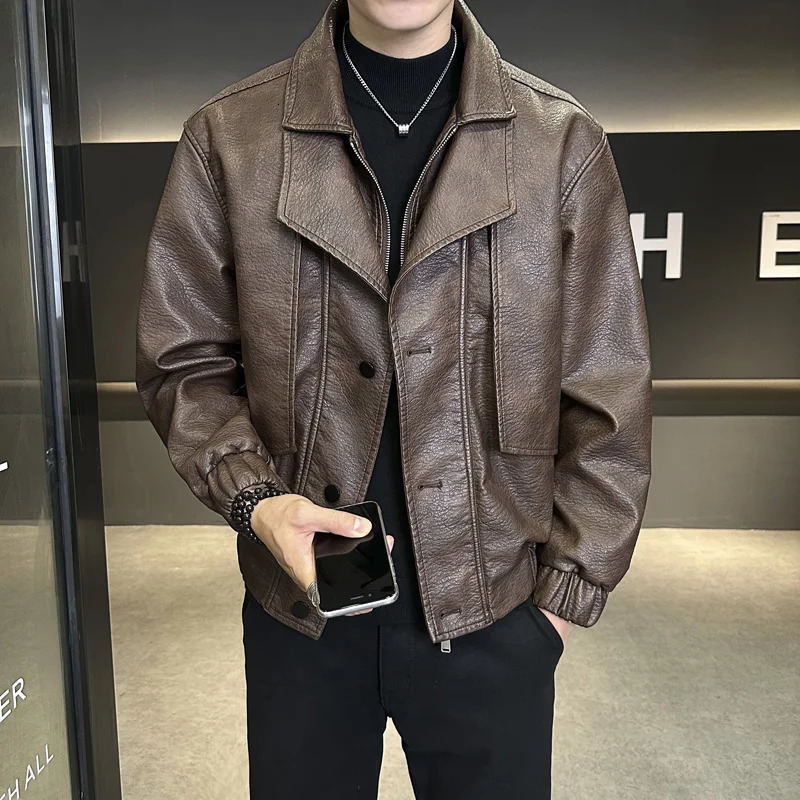 Trendy Splicing Leather Jacket Mens High Street Handsome Stylish PU Coat Autumn Korean Style Lapel Motorcycle Jacket 250109
