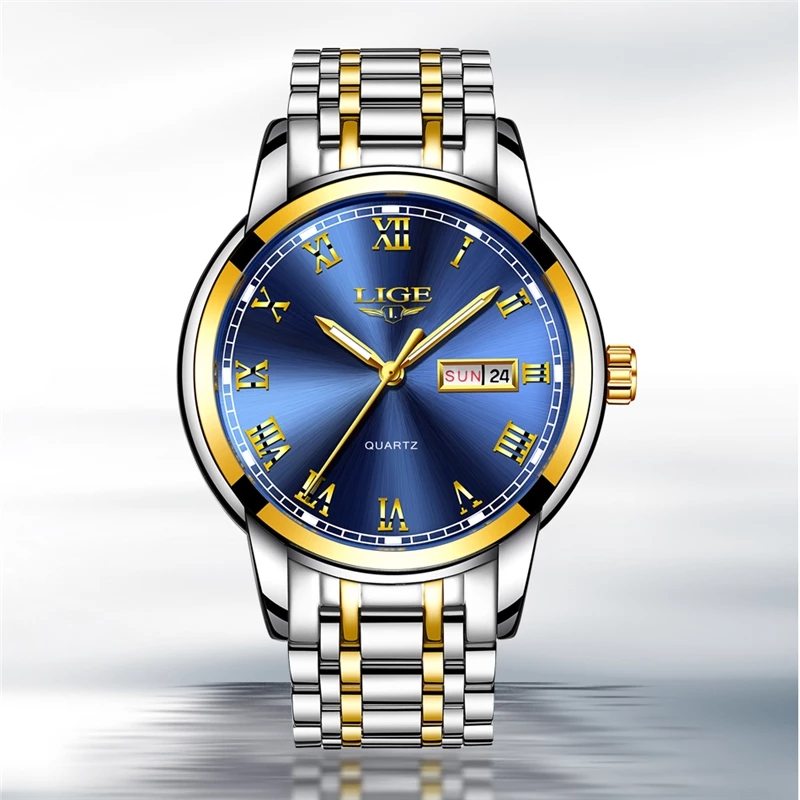 LIGE Men's business quartz Watch Classic three-pin double calendar watch Stainless steel strap Top brand watch Multi-functional life waterproof w