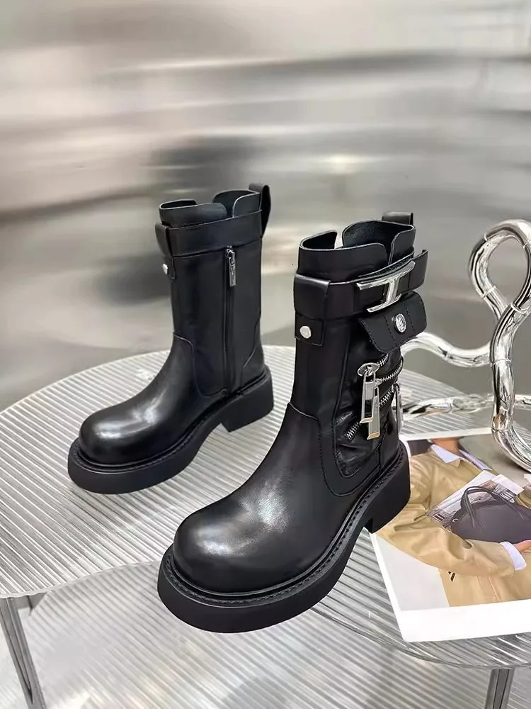 Women Genuine Leather Motorcycle Boots Autumn Winter Vintage British Style Platform High Top Shoes Punk Cargo Female 250117