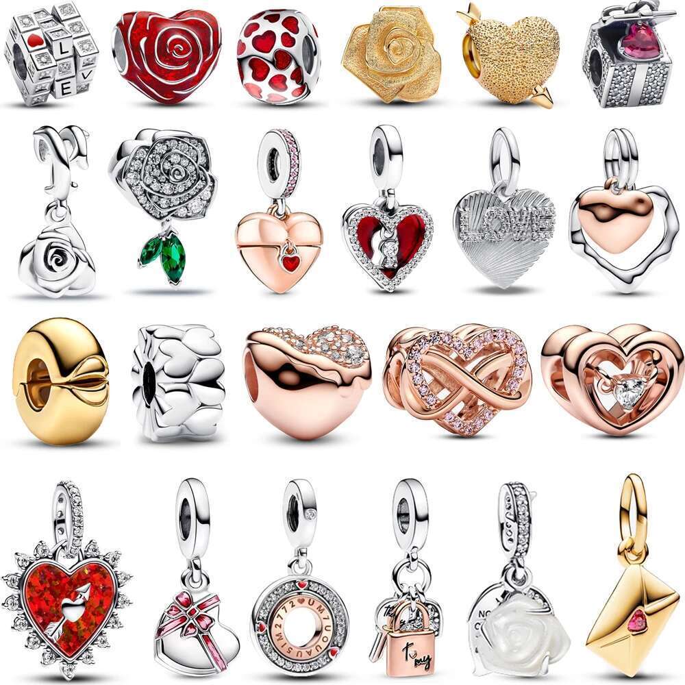 2025 New 925 Sterling Silver Sparking Gift Beads Red Heart Bow LOVE Heart Shape Dangle Charms Fits Bracelet Valentine's Day Gift For women