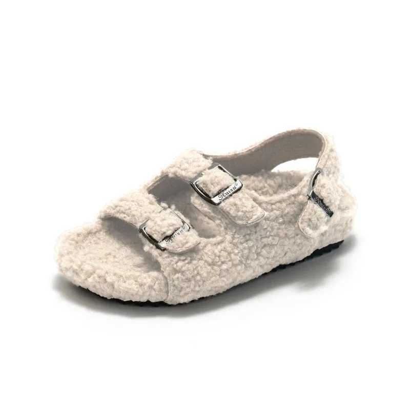 Sandals 2022 Baby Boy/Girl Wool Shoes Winter Cork Sandals Infant Double Buckle Band Lambswool Shoes Child Plush Cotton Fur Clog BootsY250116YSZK