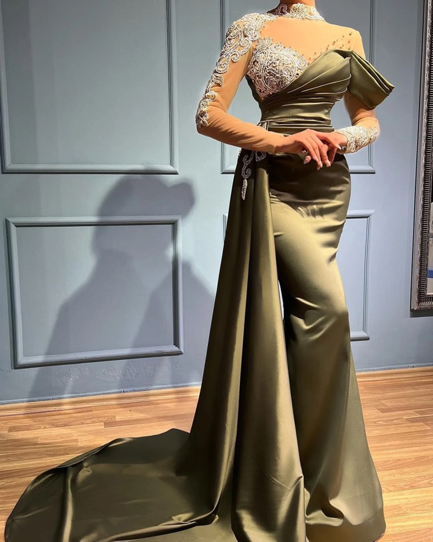 Evening Dresses Plus Size New Prom Party Gown Formal Mermaid Long Sleeve Beaded Satin Illusion or-Length Custom High Neck Trumpet Crystal