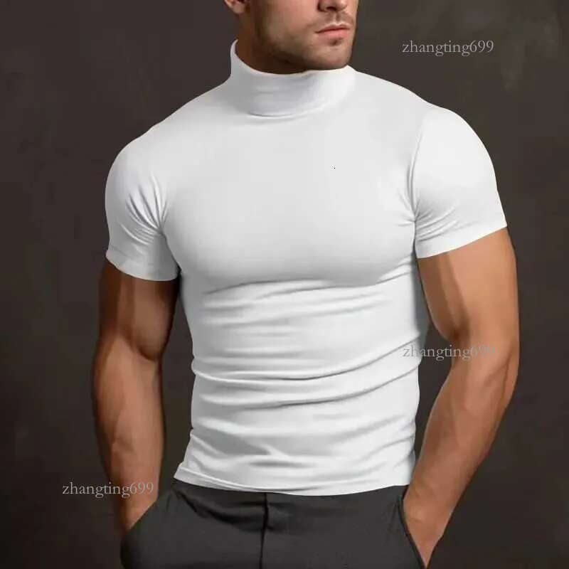 Summer Men Turtleneck Cotton Short Sleeve Slim Body T-Shirt Men Solid Color Base shirt Modale High Collar Short-sleeved Tshirt Z240919