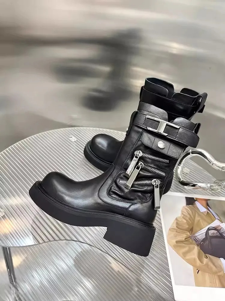Women Genuine Leather Motorcycle Boots Autumn Winter Vintage British Style Platform High Top Shoes Punk Cargo Female 250117