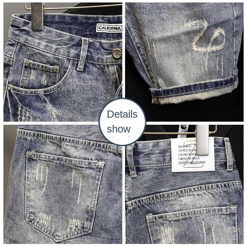 Korean Luxury Clothing Mens Summer Denim Knee Length Shorts 2024 Fashion Designer Ripped Hole Cowboy Korean Slim Short Pants W250116