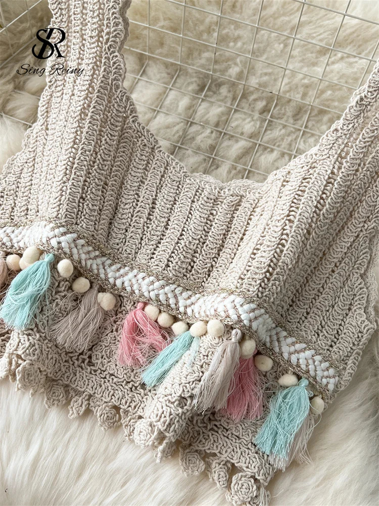 SINGREENY Bohemian Retro Knitted Set Tank Tassel Crop TopLoose Hook Hollow Skin Fashion Womens Summer Chic Beach Set 250109