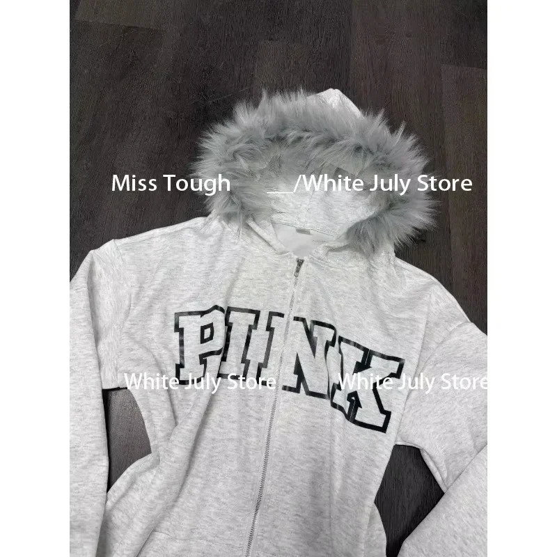 Vintage Y2k Aesthetic Grunge Letter Print Zippers Hoodies Women Coat Casual Gray Femme Korean Fur Patchwork Hooded Sweatshirts 250109