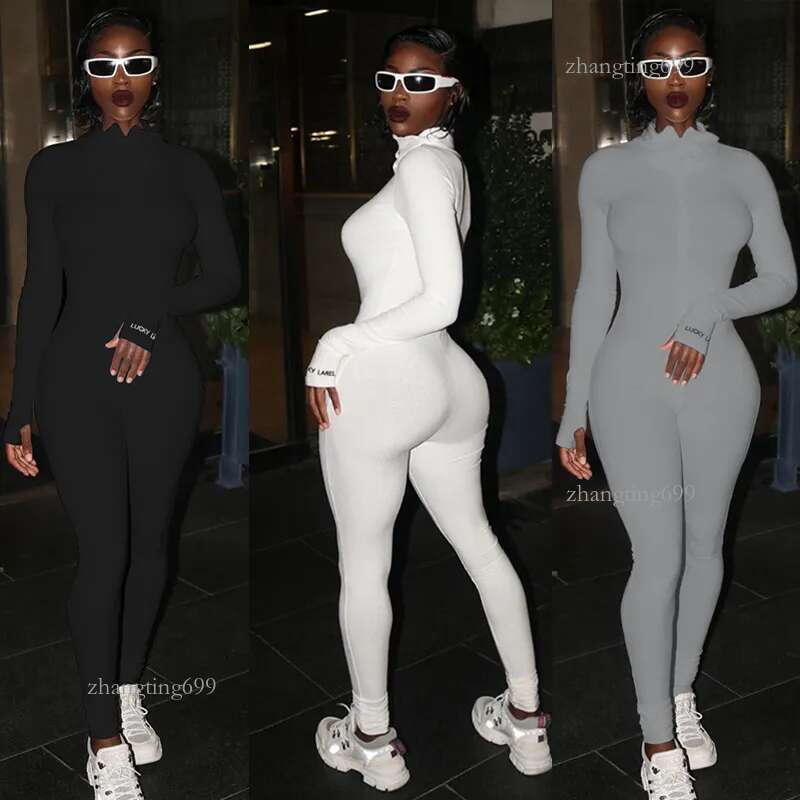 Women's Jumpsuits Rompers Women Jumpsuits Autumn Winter Lucky Label Embroidery Long Skinny Knitted Bodysuit Rompers and Jumpsuit Sportwear 230608