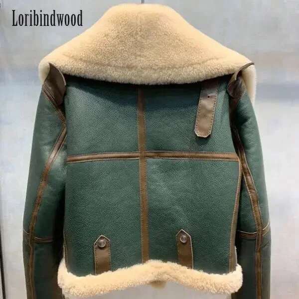 2023 New Winter Clothes Green Ing Large Lapel Motorcycle Clothing Women's Thickened Short Fur One-Piece Sheepskin Coat